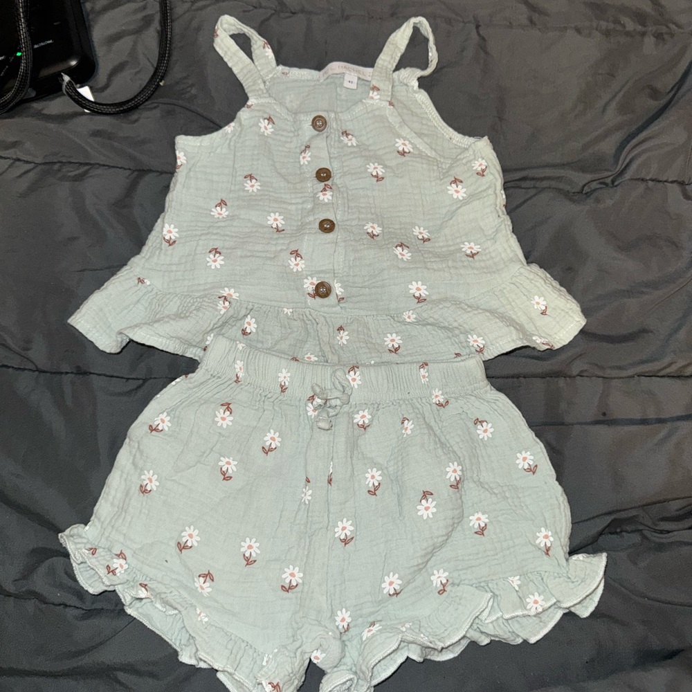 Sage Green Floral Button Tank & Ruffle Shorts